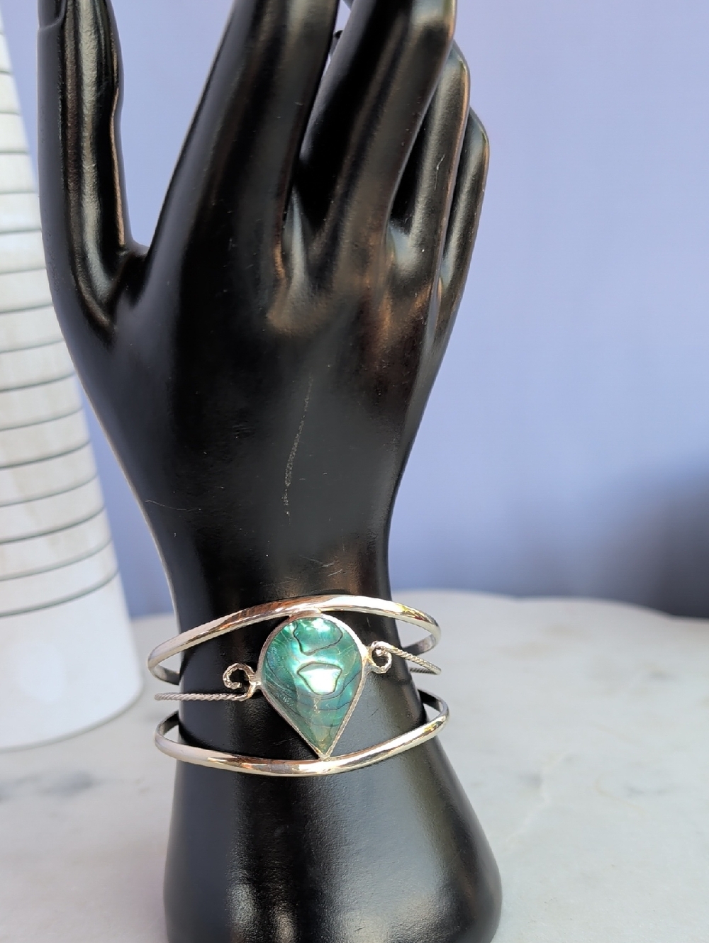 Alpaca Silver Teardrop Cuff Bracelet Abalone Green Blue Shell - Picture 2 of 8